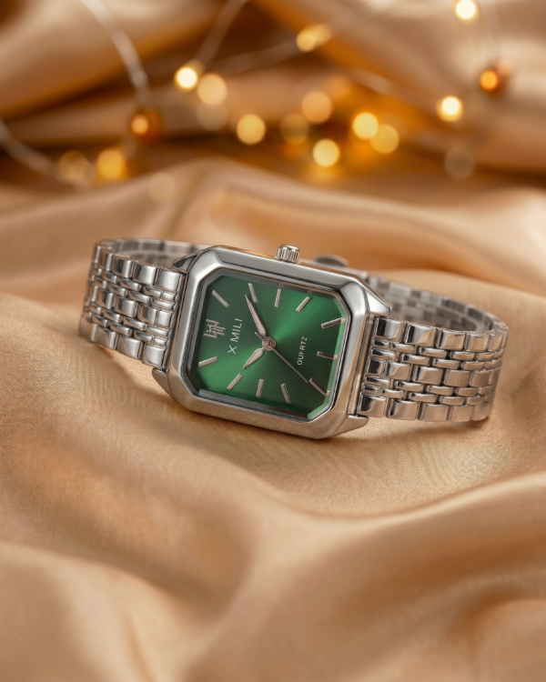 Elegancki zegarek damski XIMLI Quartz – srebrny z zieloną tarczą