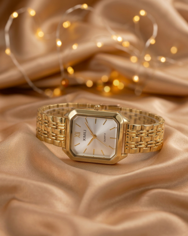 Elegancki zegarek damski XIMLI Quartz – złoty z białą tarczą prostokątny
