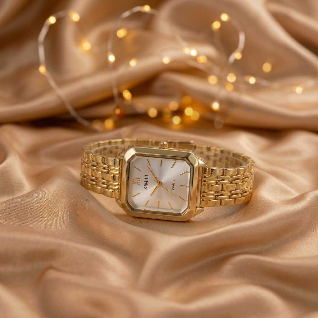 Elegancki zegarek damski XIMLI Quartz – złoty z białą tarczą prostokątny
