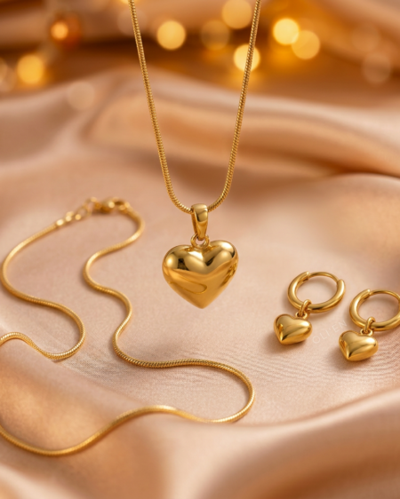Złoty zestaw biżuterii Puffy Heart – naszyjnik i kolczyki kółka z sercem stal 316L